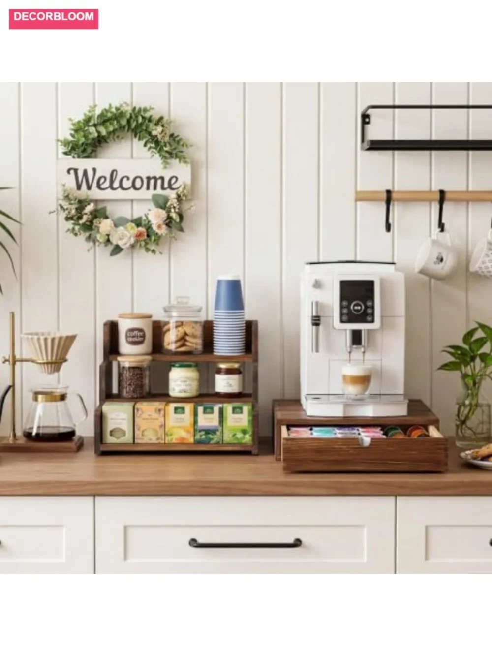 3-Tier Wooden Coffee Station Organizer with K Cup Holder Drawer, 30 Pod Capacity
